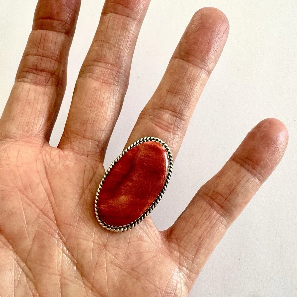 Navajo Orange Spiny Oyster Ring Sz 9 Flat Cab Sterling Signed‎ Selina Warner USA